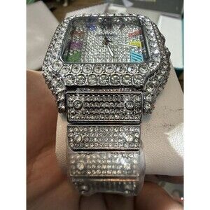BIBI Luxury Diamond Pattern Iced-Out Rainbow Square Wristwatch Silver